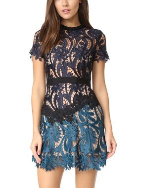 Self-Portrait Navy and Teal Floral Lace Mini Dress Sz 2